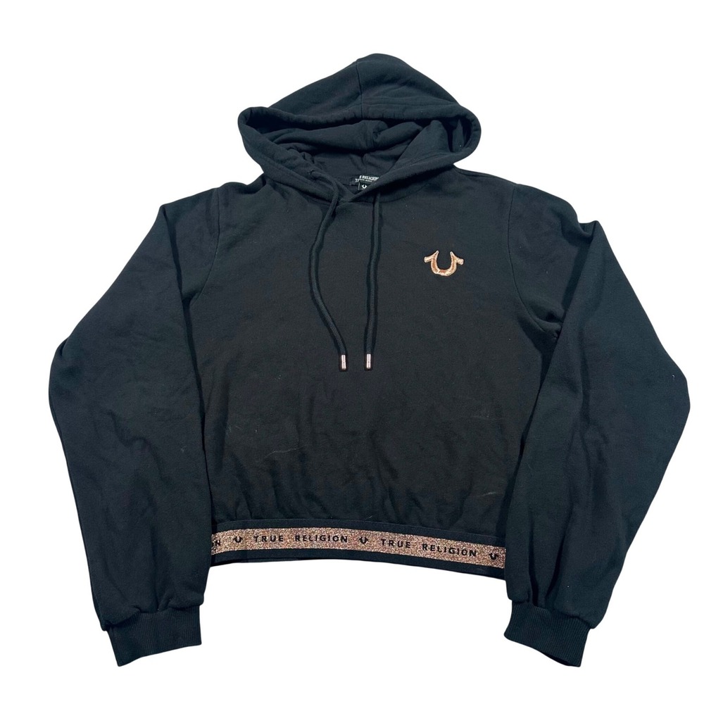 True Religion Hoodie Womens Medium Black Rose Gold Glitter Logo Cropped Sweat